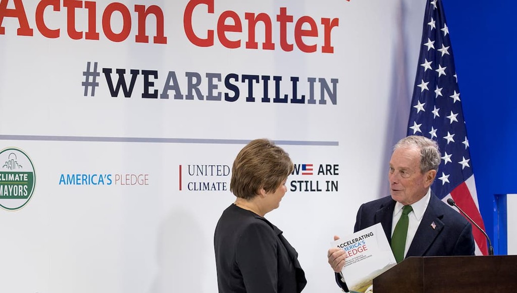 Mike Bloomberg joins executive secretary of the United Nations Framework Convention on Climate Change, Patricia Espinosa, during COP25 in Madrid, Dec. 2019.