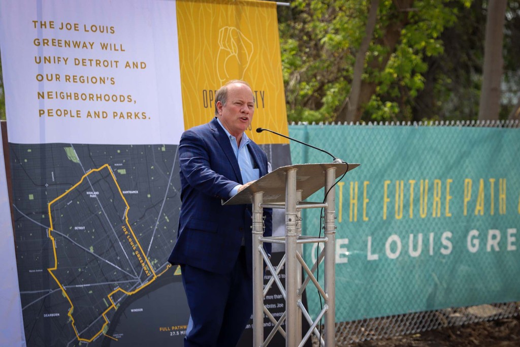 Detroit Mayor Mike Duggan speaks at the opening of the first section of the Joe Louis Greenway.