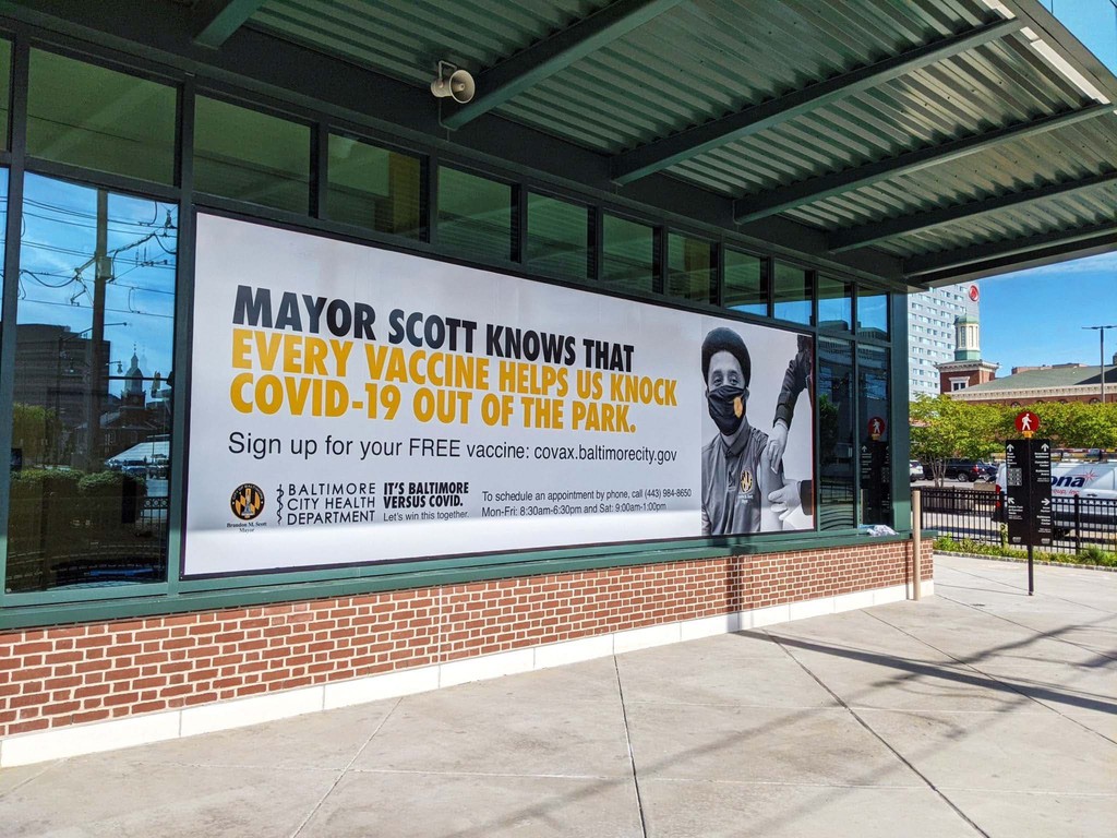 Outside of Oriole Park at Camden Yards, home of the Baltimore Orioles baseball team, the city’s i-team ran a campaign to promote COVID-19 vaccinations.