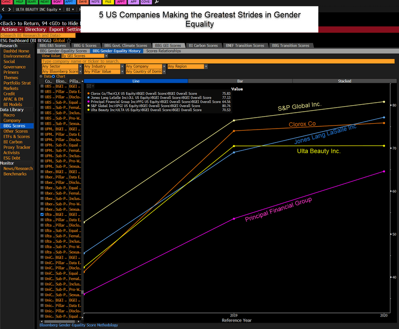 5USCompanies Use BI BESG BGEI to generate visuals to compare overall scores and sub-pillars for companies available on the Bloomberg terminal.