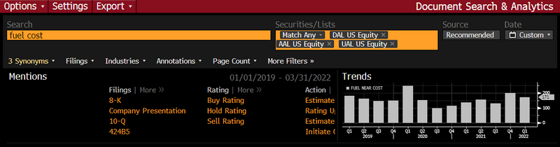Delta-LFBP-3 DSCO provides the ability to see mentions of items like “Fuel Cost” over multiple companies, where “Fuel” and “cost” are in the same vicinity.