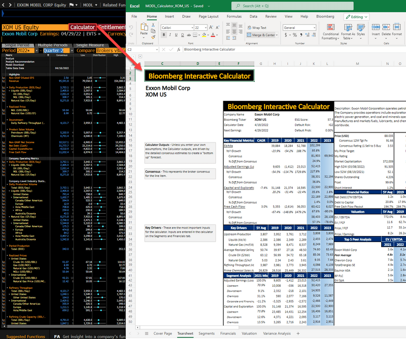 Image-Calculator The Calculator gives an excel version of the XOM snapshot, providing BQL based equations to allow for customization, as well as a Tearsheet for highlighted data.