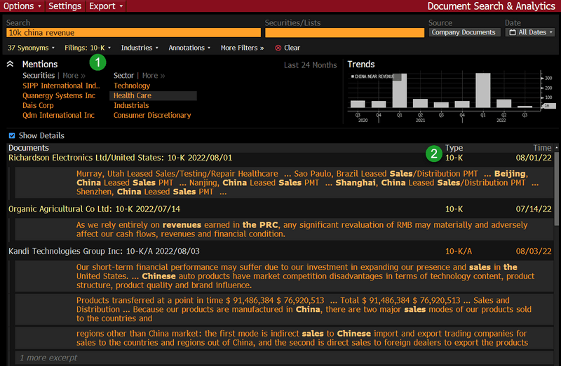 Natural Language Detection: Search within 10Ks for mentions of china revenue.