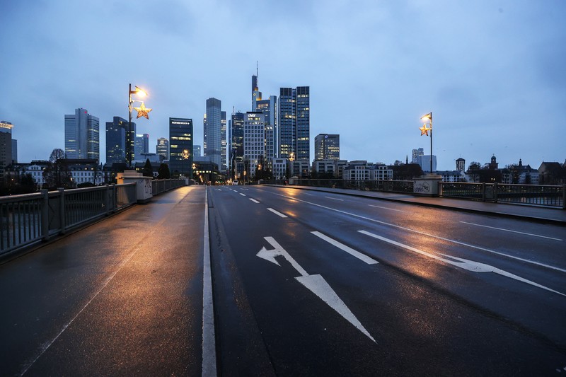 The Untermainbruecke bridge and skyscrapers in Frankfurt.