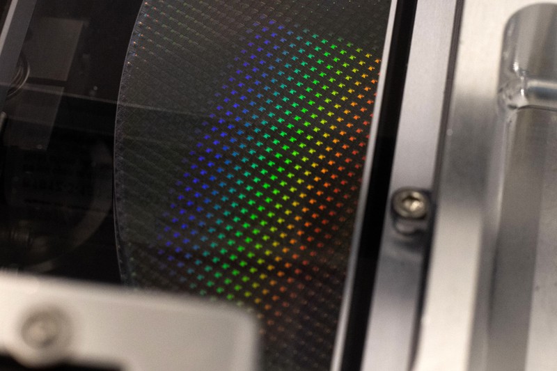 Close-up of a silicon semiconductor wafer.