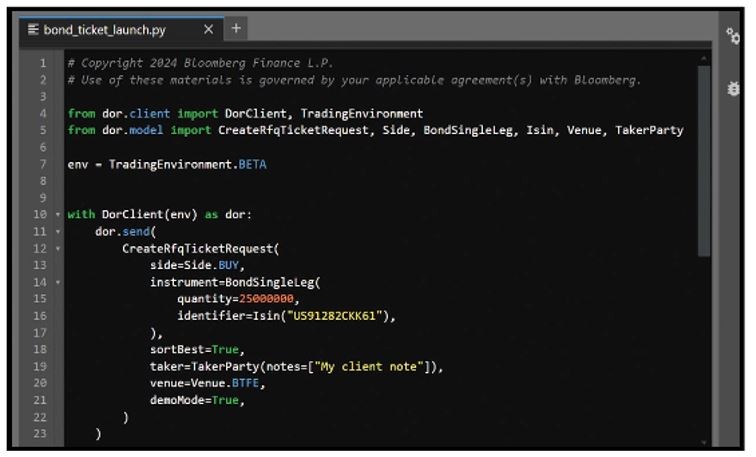 A screen grab shows sample code for generating a request-for-quote (RFQ) ticket for a single bond trade. Here, the parameters include the side of the trade, a buy.