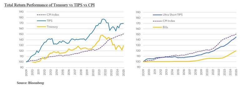 Total Return Performance of Treasury vs TIPS vs CPI