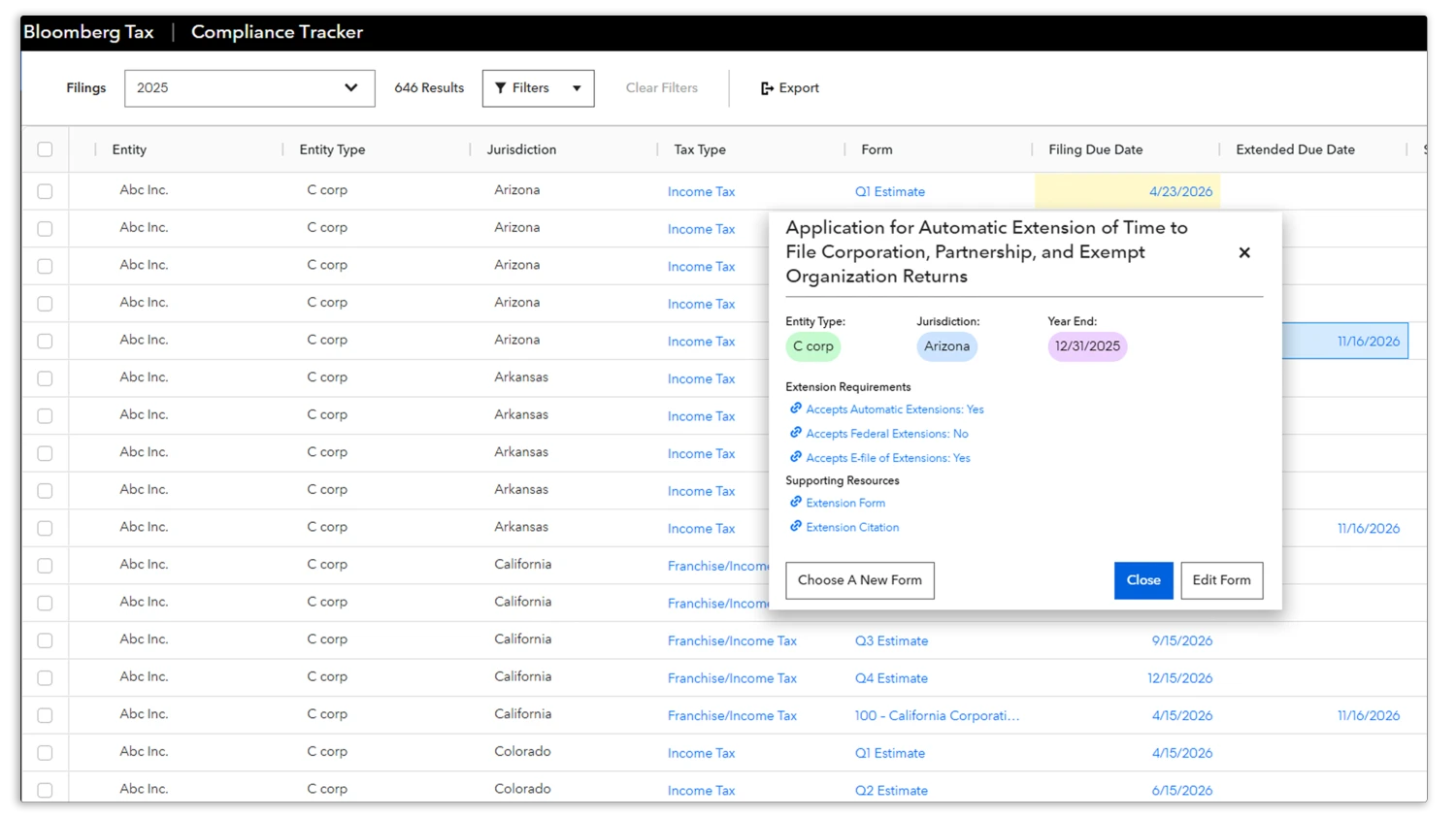 Screenshot of Compliance Tracker tool in Bloomberg Tax Research