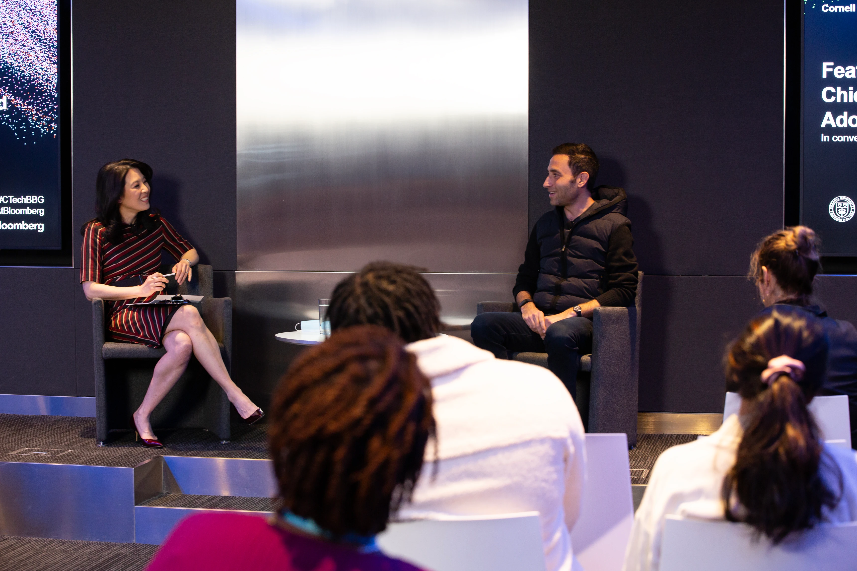 Adobe's Scott Belsky (right) talking with Bloomberg Television's Scarlet Fu (left) on stage at the Cornell Tech @ Bloomberg Speaker Series event at Bloomberg’s Global Headquarters in New York City on Tuesday, January 17, 2023.