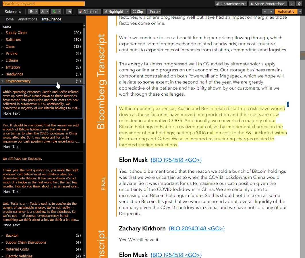 Search Analytics: Quickly identify the biggest topics in earnings calls with topic summarization.