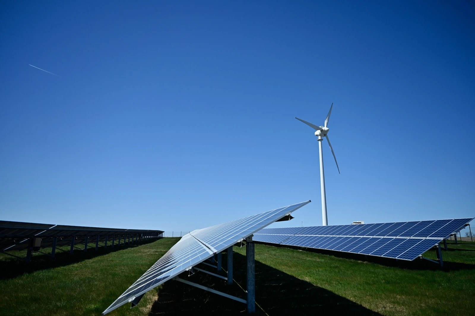 Solar panels and a wind turbine in a field.