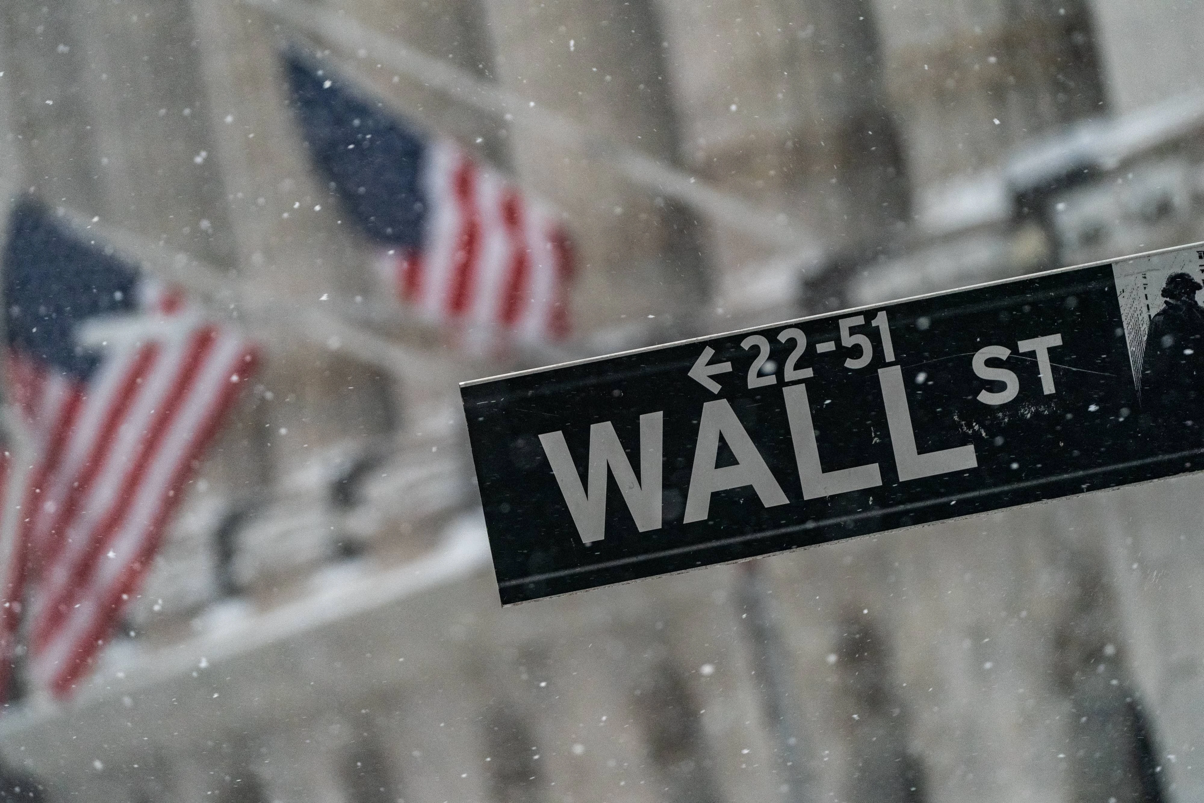 A sign for Wall Street and American flags in New York, U.S