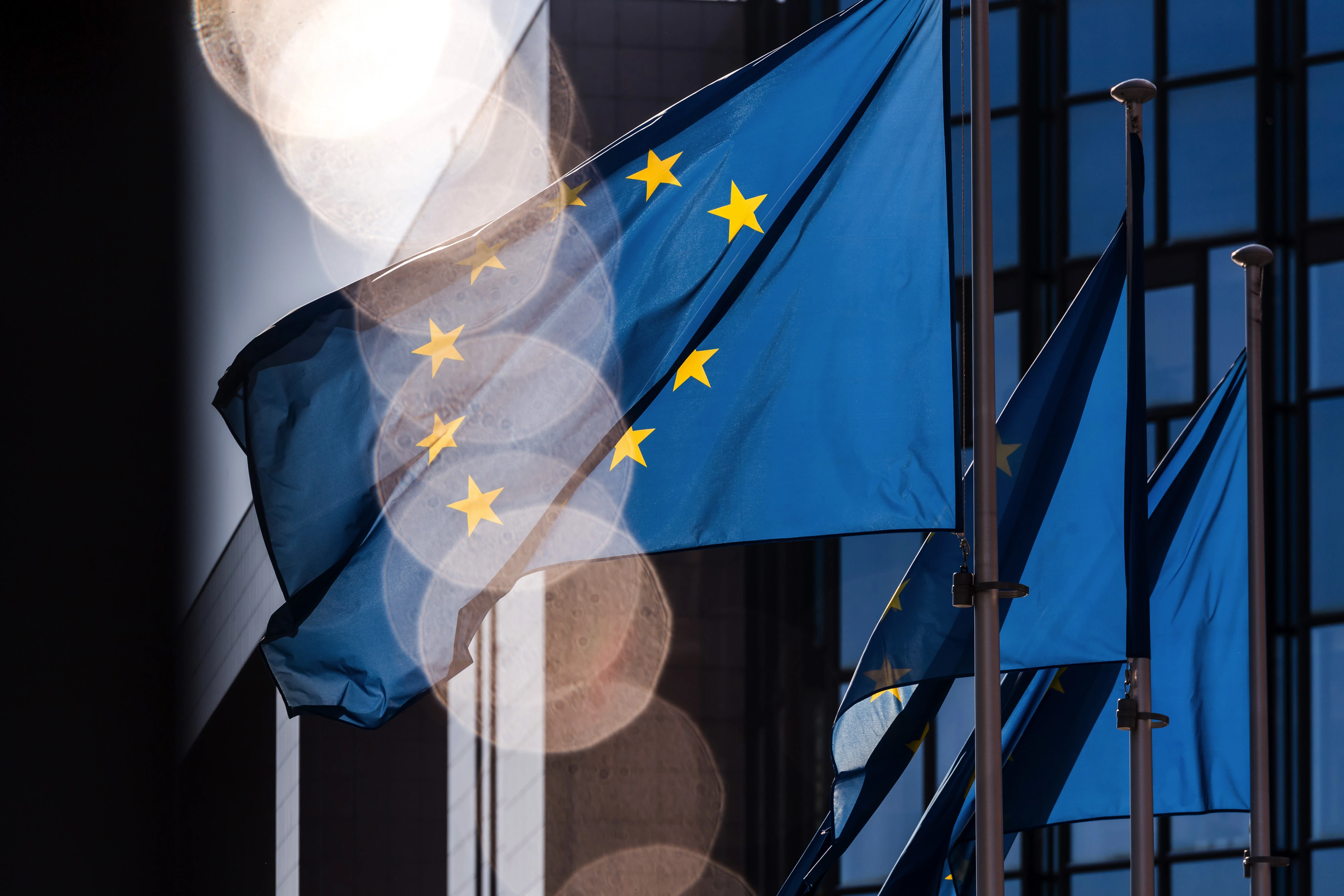 Sunlight falls across European Union (EU) flags in Brussels.