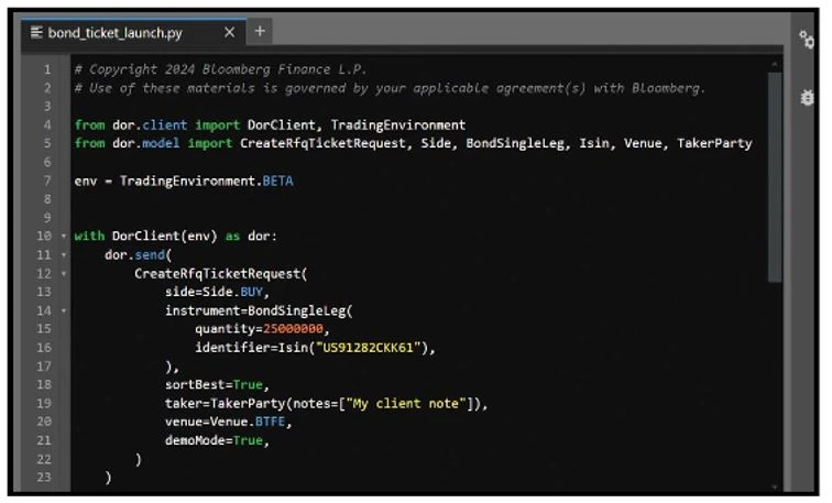 A screen grab shows sample code for generating a request-for-quote (RFQ) ticket for a single bond trade. Here, the parameters include the side of the trade, a buy.