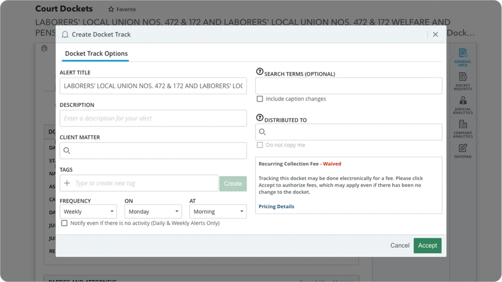 Full court docket search powered by AI