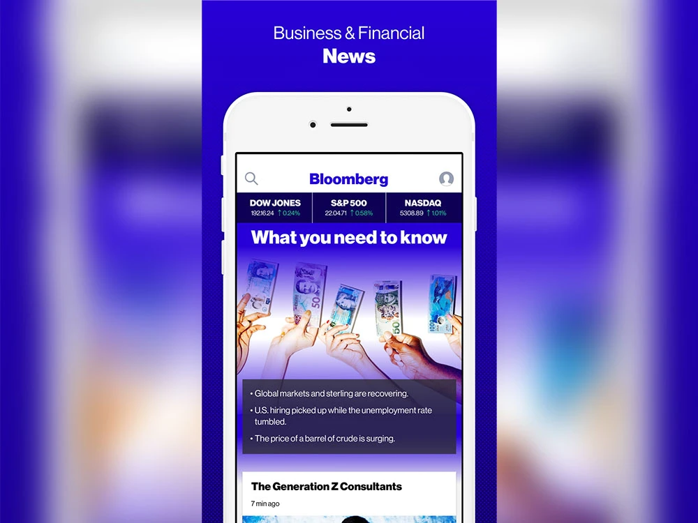 5.5-Device-11 The first mobile app Bloomberg has built using React Native uses it to feature the latest business and financial news.