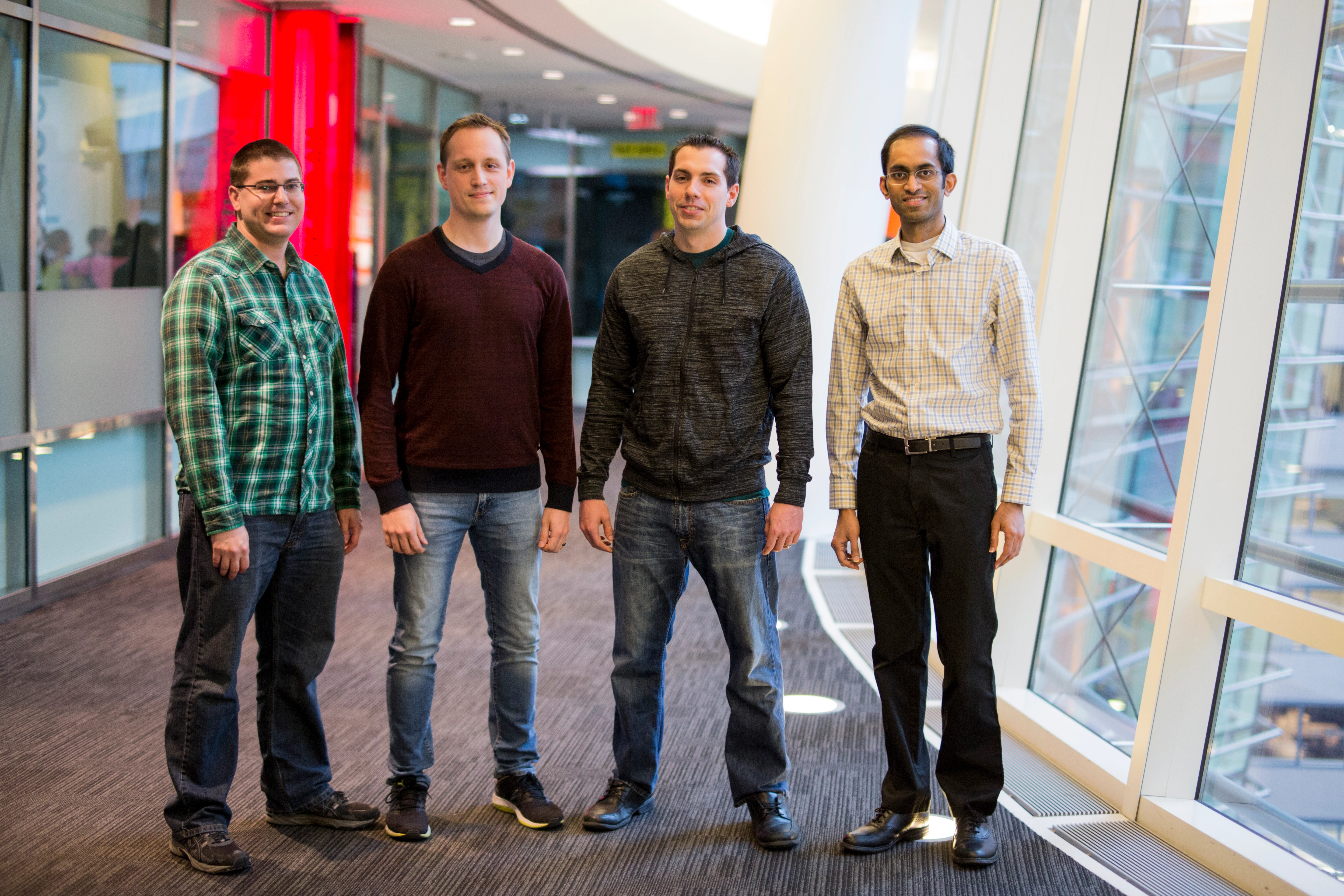 David Grohmann, Michael Nilsson, Jon Dorando and Naveen Santhapuri, four engineers based at Bloomberg Global Headquarters in New York who worked on the Learning-to-Rank plug-in. (Photographer: Teddy Vuong/Bloomberg, January 17, 2017)