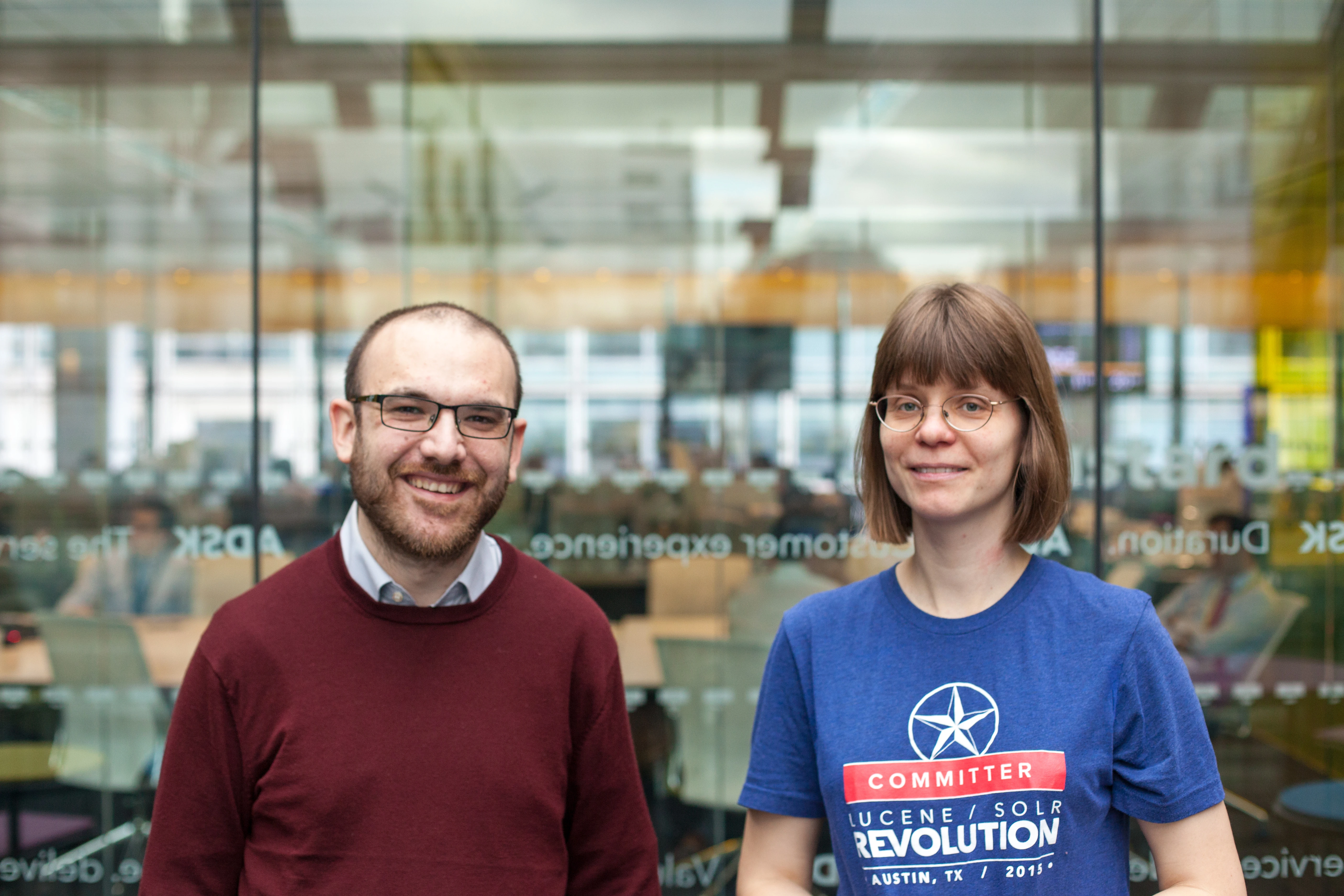 Diego Ceccarelli and Christine Poerschke, engineers on Bloomberg’s News Search team in Bloomberg’s EMEA Headquarters in London (Photographer: Matthew Muzerie for Bloomberg, January 11, 2017)