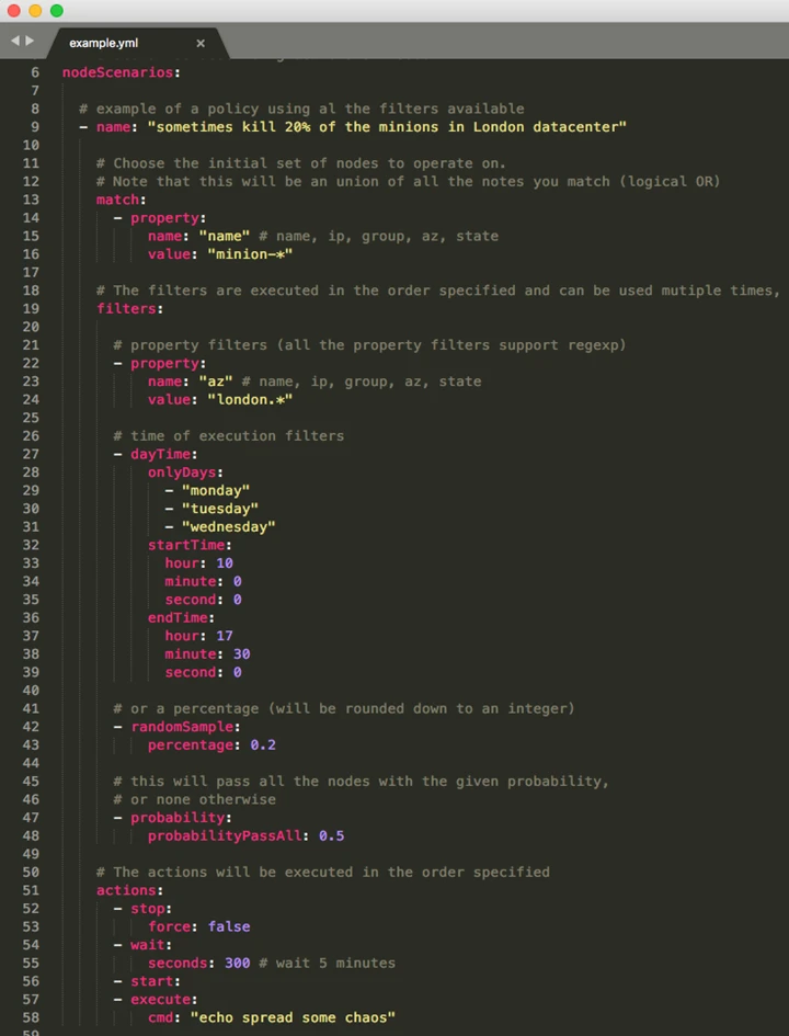 An example YAML policy file, driving PowerfulSeal's behavior in Autonomous mode