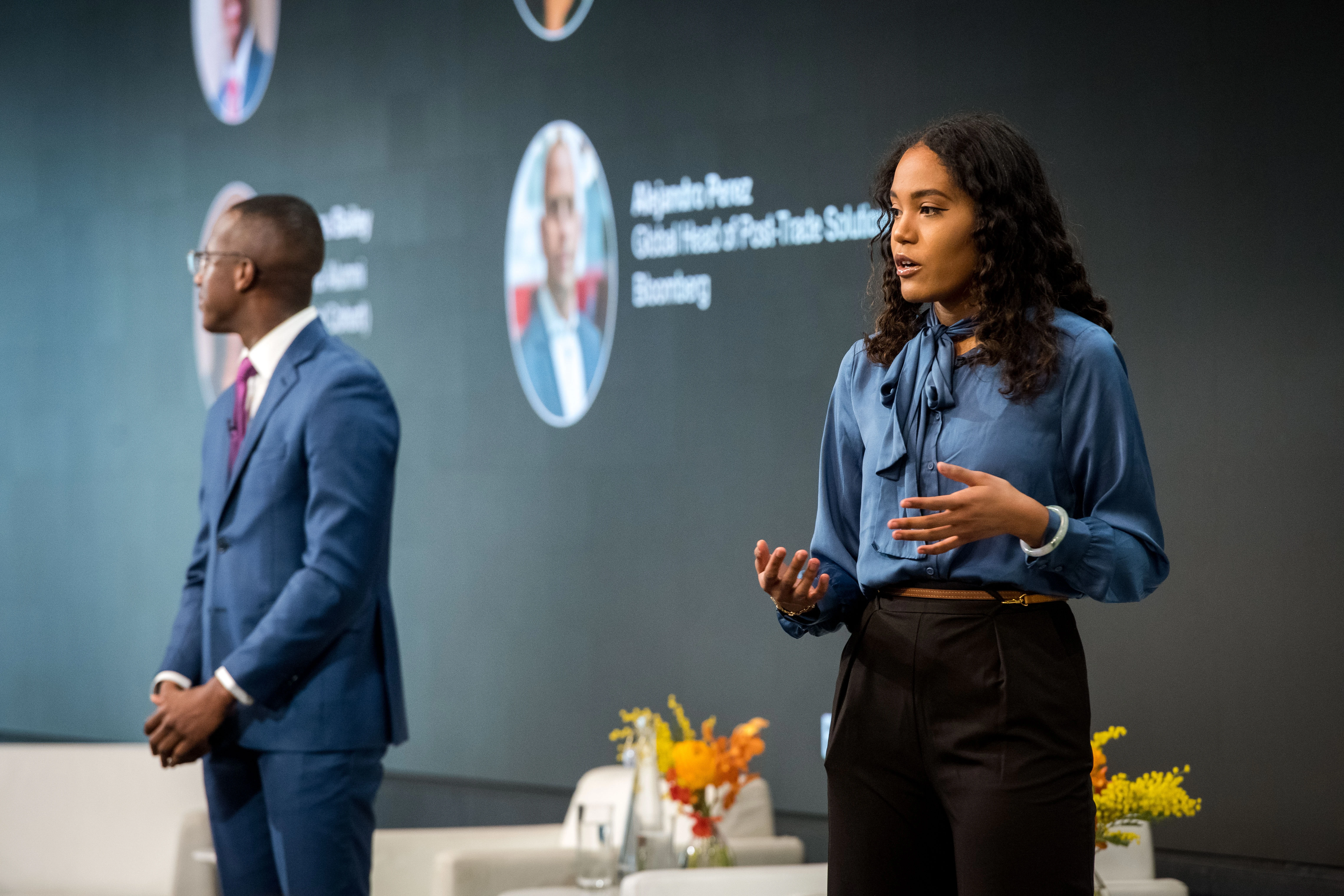 2019_01_25-Basta-70 Two students speak onstage at an event for first-generation college graduates, co-hosted by Bloomberg and Project Basta