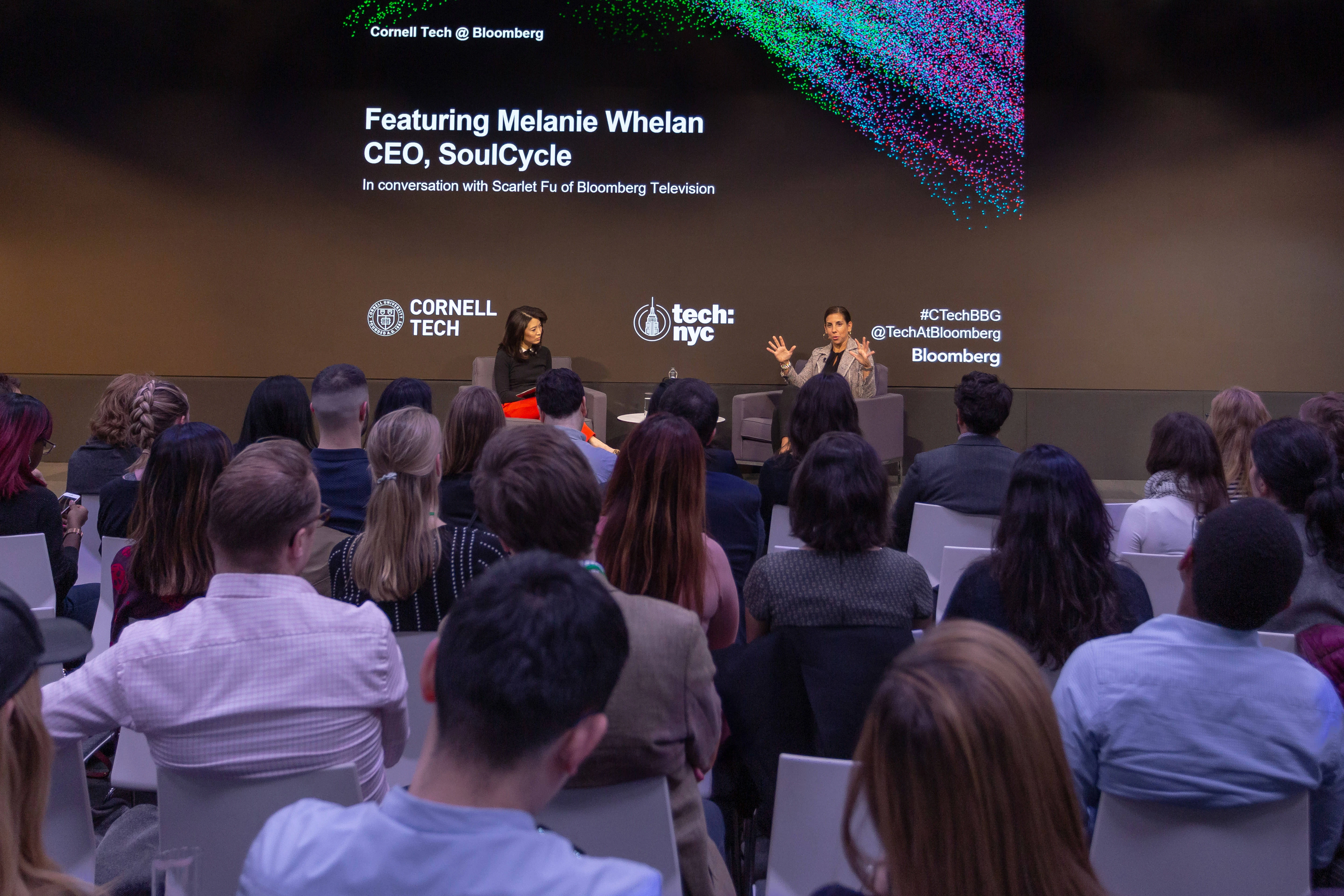 03.12.19 CT Soul Cycle On Tuesday, March 12, 2019, Cornell Tech @ Bloomberg featured Melanie Whelan, CEO of SoulCycle, in conversation with Scarlet Fu of Bloomberg Television. Photographer: Lori Hoffman