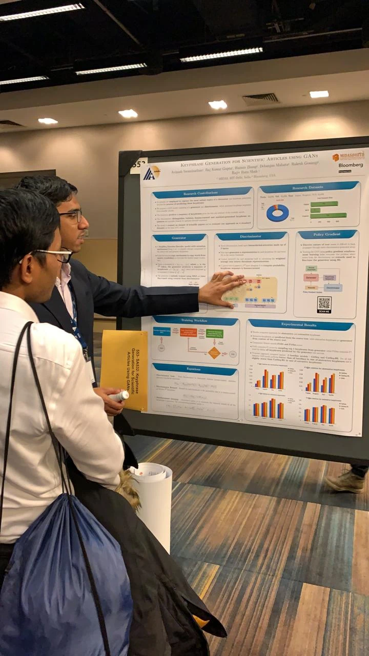 AAAI-2020-Poster-Session Avinash Swaminathan showcases "Keyphrase Generation for Scientific Articles Using GANs" at the AAAI 2020 poster session.