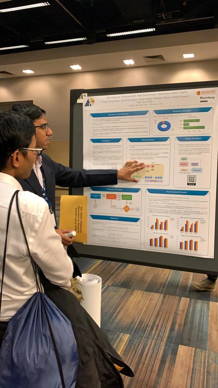Avinash Swaminathan showcases "Keyphrase Generation for Scientific Articles Using GANs" at the AAAI 2020 poster session.