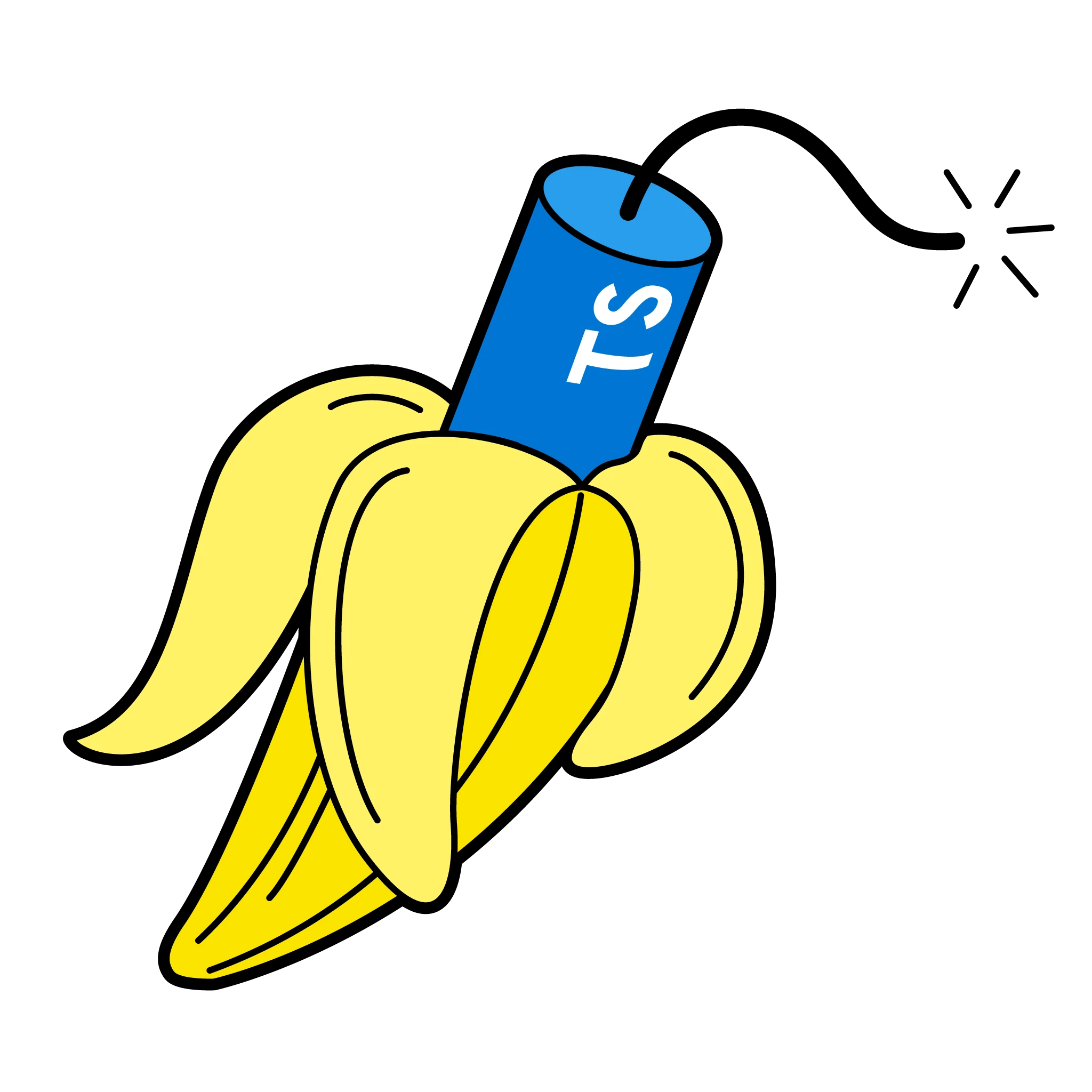 ts_banana A stick of dynamite stylized to look like the TypeScript logo is lit and unpeeling from a yellow banana.