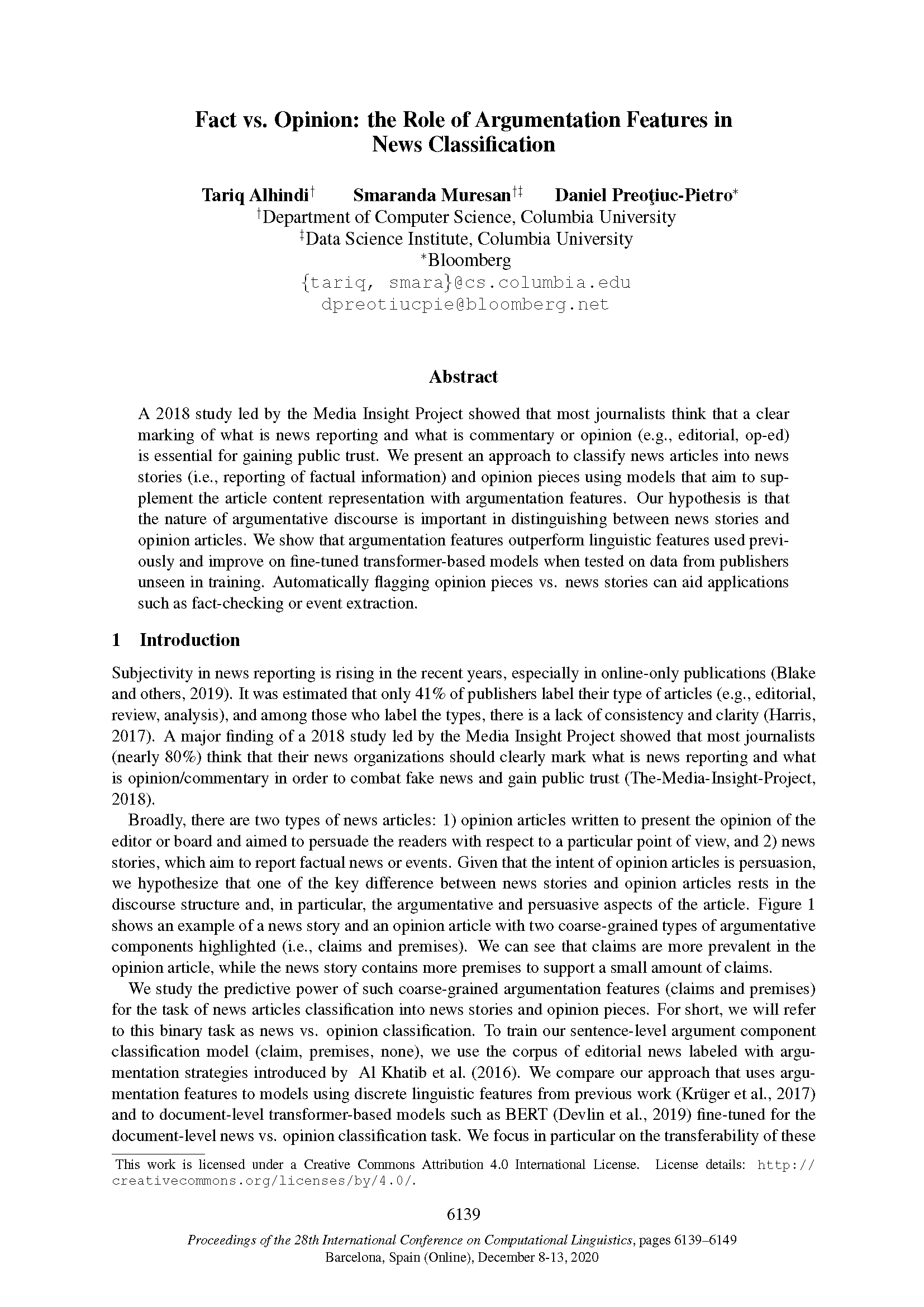 First page of “Fact vs. Opinion: The Role of Argumentative Features in News Classification”