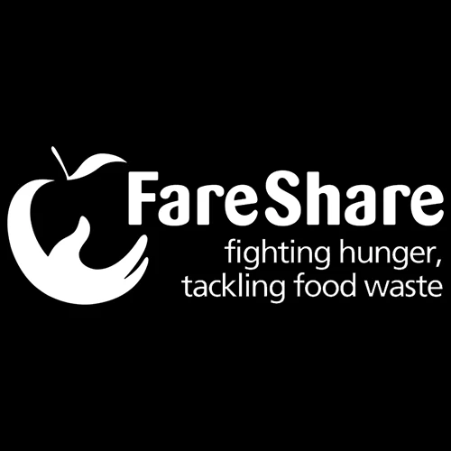 The Fare Share logo in white on a black background, including their signature helping hand apple icon and the text, "fighting hunger, tacking food waste."