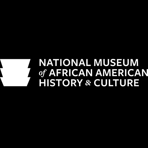 The National Museum of African American History and Culture logo with white text and a black background and icon.