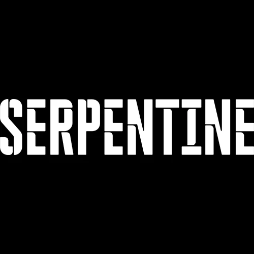 SERPENTINE_REGULAR_BLACK_RGB A bold Serpentine logo in white and on top of a black background.