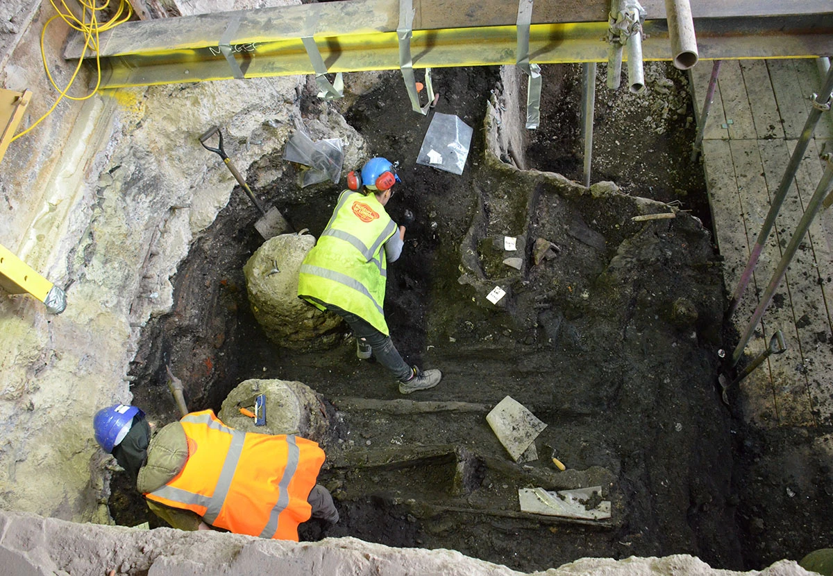 Archaeologists from Museum of London Archaeology excavated the Bloomberg site by hand in 2012-2014.