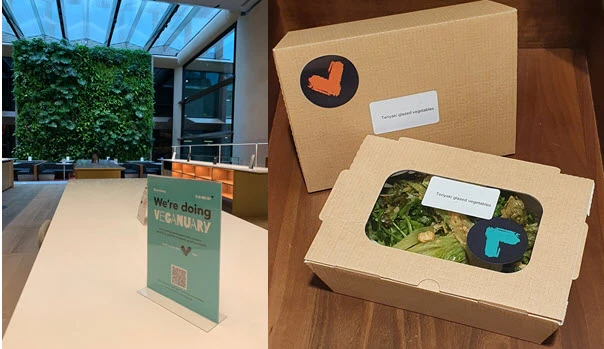 Left: Veganuary signage in our European Headquarters in London; Right: Plant-based food options for our employees in our pantries.