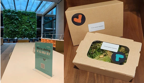 veganuary Left: Veganuary signage in our European Headquarters in London; Right: Plant-based food options for our employees in our pantries.