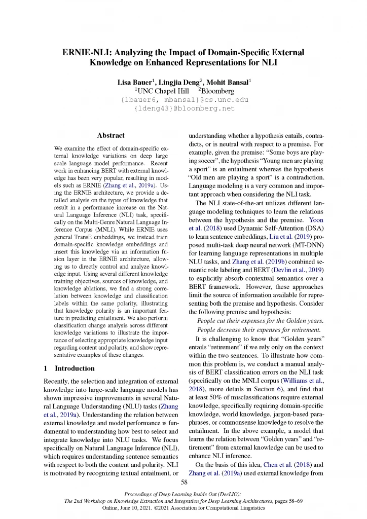 ERNIE-NLI Analyzing the Impact of Domain-Specific External Knowledge on Enhanced Representations for NLI (DeeLIO 2021)