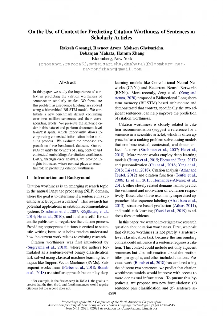 On the Use of Context for Predicting Citation Worthiness of Sentences in Scholarly Articles (NAACL 2021)