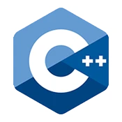 The C++ logo is a blue hexacon with three shades of blue. At the center of the logo is a large, white "C" and to small plus signs.