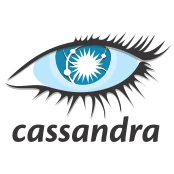 The Apache Cassandra open source software logo is a blue cartoon eye with sharp, long, black eyelashes. Underneath the eye is an all-lowercase block of text reading "cassandra".