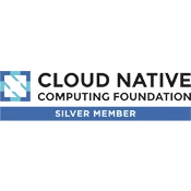 The Cloud Native Computing Foundation Silver Member logo contains a two-tone blue Cloud Native icon on the left and text reading "Cloud Native Computing Foundation" on the right. Underneath that section is a blue bar with white text reading, "Silver Member"