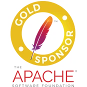 The Apache Gold Sponsor logo is a gold ring, laden with "Gold Sponsor" text wrapped around it. Inside the ring is the Apache feature, positioned like a writing quill, and colored with purple at the bottom, ranging upward to red, then orange at the top. Underneath the wring is thin, red text reading "Apache" in all caps.
