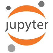 The Jupyter logo is built to symbolize the planet Jupiter with three orbiting moons. The body of Jupiter is made up of two orange outlines centering around a thin, white "jupyter" text.