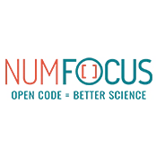 NumFocus_LRG The NumFocus logo is mostly text. On the left, in thin orange letters is the all-caps "NUM". On the right, in a dark teal blue, is the all-caps "FOCUS". Inside the "O" of "Focus" are two text brackets in orange. Underneath the "NUMFOCUS" portion of the logo is a dark blue-teal "Open Code = Better Science".