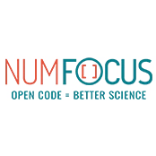 The NumFocus logo is mostly text. On the left, in thin orange letters is the all-caps "NUM". On the right, in a dark teal blue, is the all-caps "FOCUS". Inside the "O" of "Focus" are two text brackets in orange. Underneath the "NUMFOCUS" portion of the logo is a dark blue-teal "Open Code = Better Science".