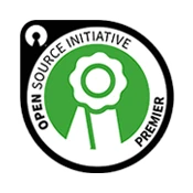 Open-Source-initiative_logo-175×175-11 The Open Source Initiative Premier logo is round with a centered white medal with a green background. The green background is surrounded by a white ring containing the text "Open Source Initiative Premier" wrapping around it. Outside that ring is a black border.