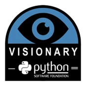 Python-software-foundation_logo-175×175-11 The Python Software Foundation Visionary logo is a black arch. In the top half of the arch is a black-colored eye on a blue background. In the bottom half of the arch is all-caps white text reading "Visionary", followed by a small Python Software Foundation logo.