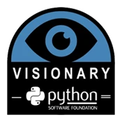 The Python Software Foundation Visionary logo is a black arch. In the top half of the arch is a black-colored eye on a blue background. In the bottom half of the arch is all-caps white text reading "Visionary", followed by a small Python Software Foundation logo.