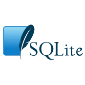 SQLite370 The SQLite logo is a blue box which ends abruptly in a darker blue upright feather. To the right is a thin serif font reading "SQLite".