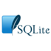 The SQLite logo is a blue box which ends abruptly in a darker blue upright feather. To the right is a thin serif font reading "SQLite".