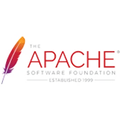 The Apache logo is an all-caps red, thin "Apache" text on the right with a feather on the left. The feature is upright like a writing quill and ranges from purple at the bottom to red in the body and yellow at the tip.